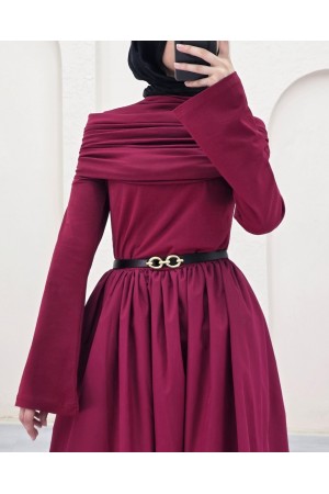 تنورة بوبلين وفستان سيندي المطوي المكون من قطعتين -بوردو