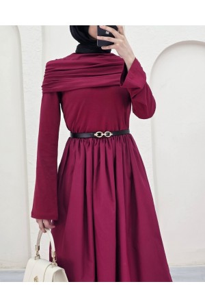 تنورة بوبلين وفستان سيندي المطوي المكون من قطعتين -بوردو