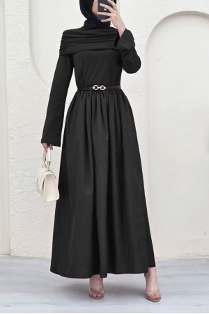 تنورة بوبلين وفستان سيندي المطوي المكون من قطعتين -أسود