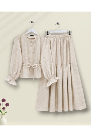 Önü Düğmeli Kolu Lastikli Tünel Bağcıklı Keten Takım  -Bej