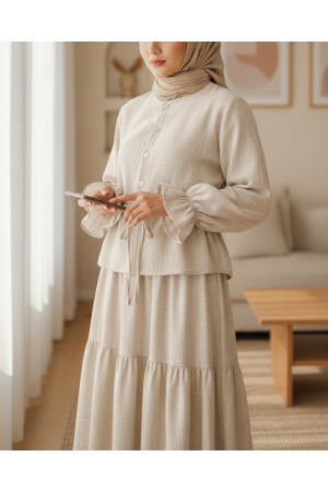 Önü Düğmeli Kolu Lastikli Tünel Bağcıklı Keten Takım  -Bej