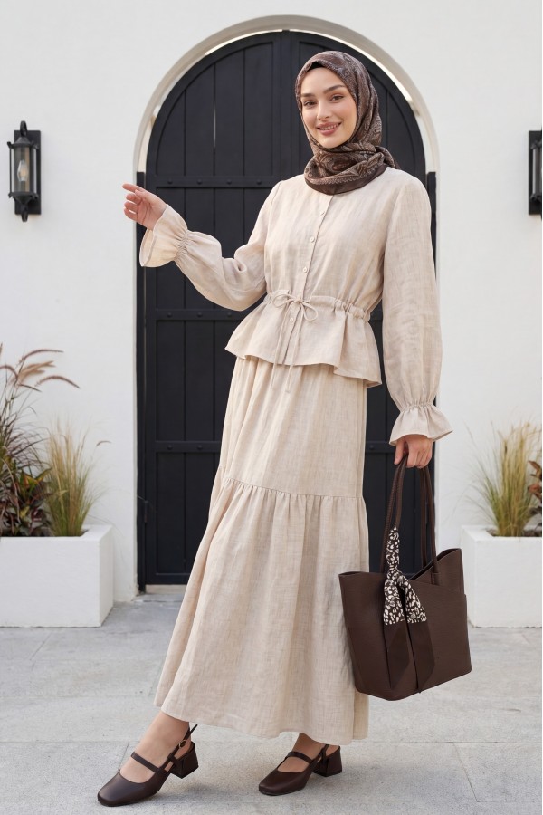 Linen Suit with Buttoned Front and Elasticated Arms and Tunnel Laces  - Beige