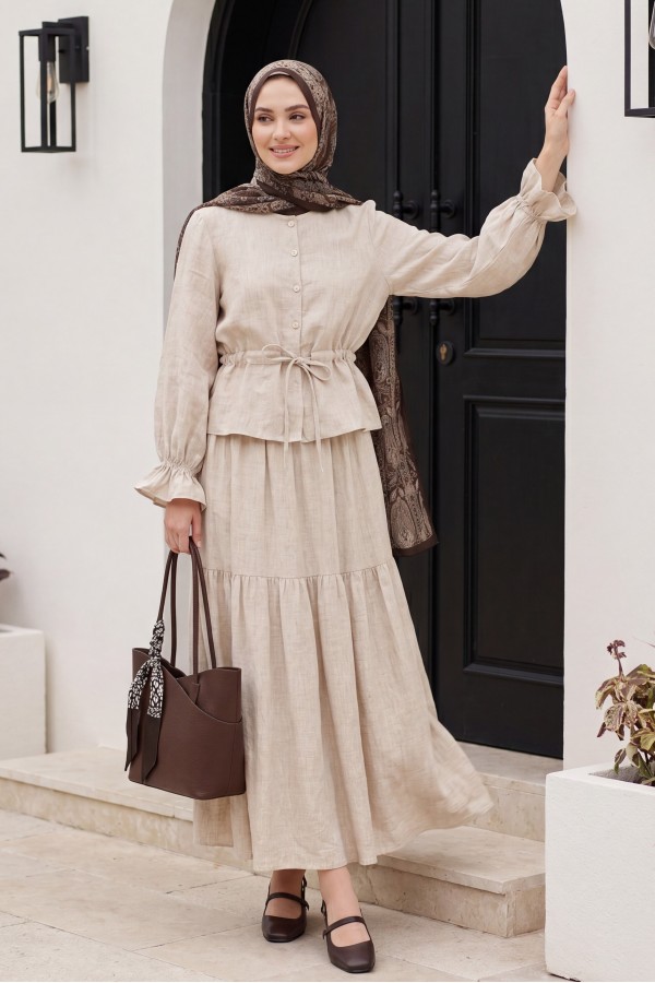 Linen Suit with Buttoned Front and Elasticated Arms and Tunnel Laces  - Beige