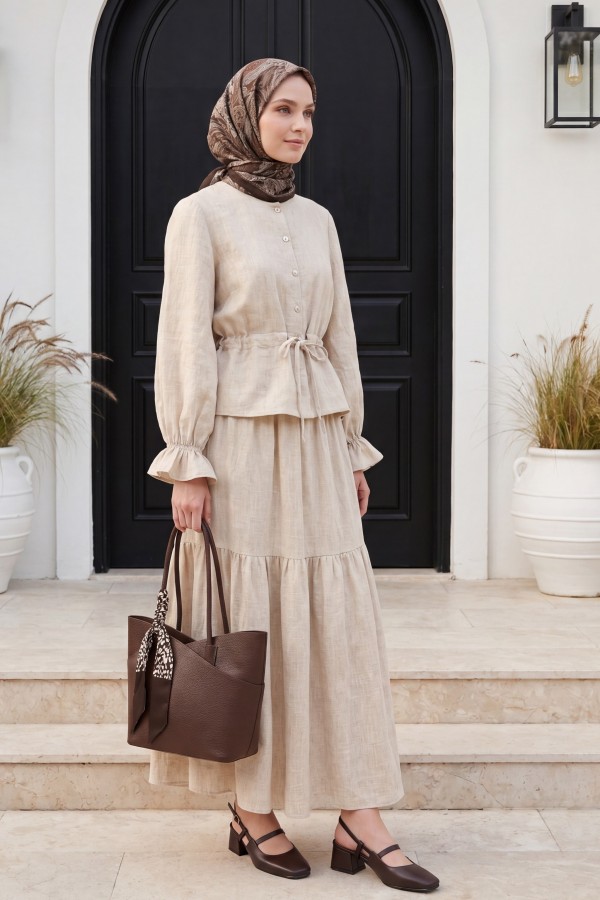 Linen Suit with Buttoned Front and Elasticated Arms and Tunnel Laces  - Beige
