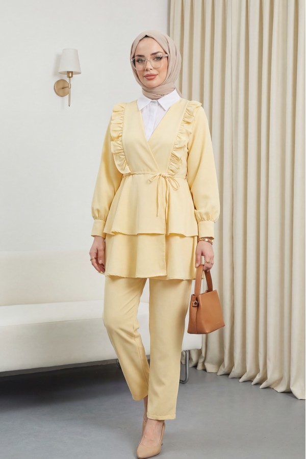 Önü Fırfırlı Bağcıklı Eteği Katlı Pantolonlu Kimono Takım    -Açık Sarı