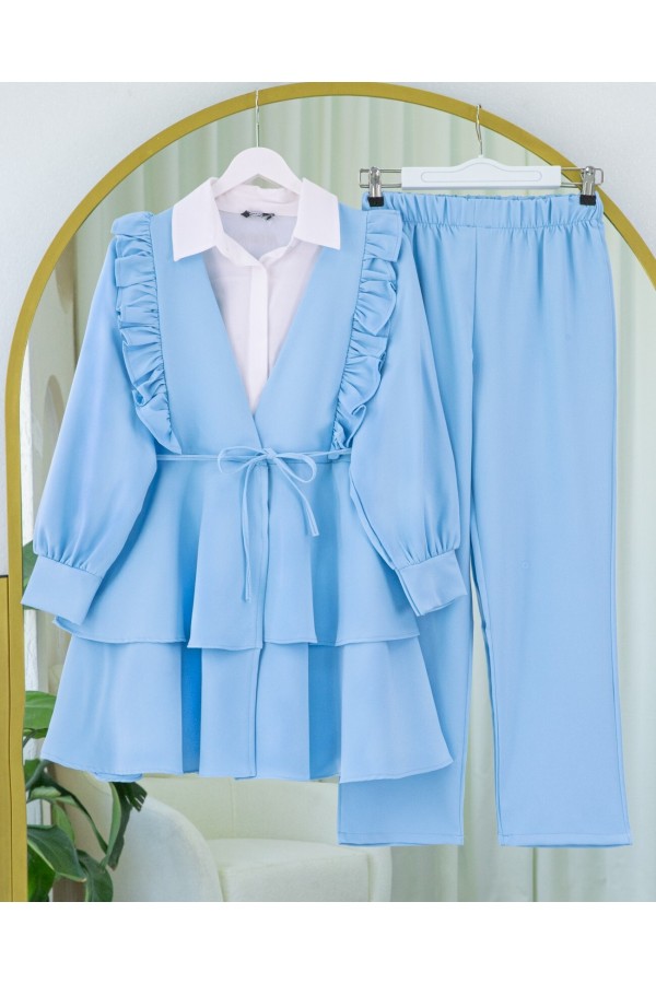 Kimono Set with Frilled Front Laced Skirt and Layered Trousers    -Baby Blue