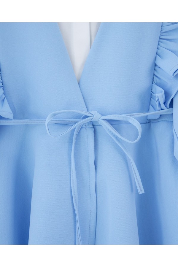 Kimono Set with Frilled Front Laced Skirt and Layered Trousers    -Baby Blue