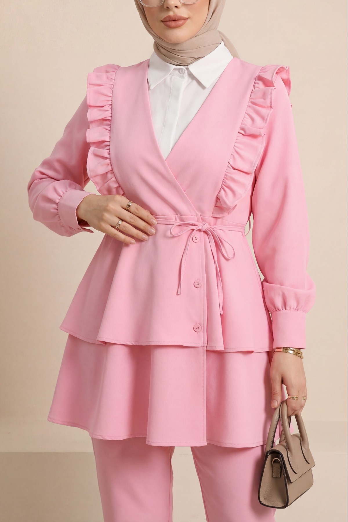 Kimono Set with Frilled Front Laced Skirt and Layered Trousers    -Pink