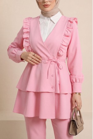 Önü Fırfırlı Bağcıklı Eteği Katlı Pantolonlu Kimono Takım    -Pembe