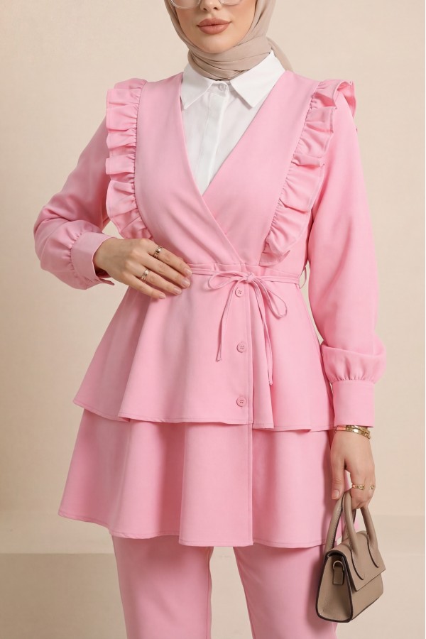 Kimono Set with Frilled Front Laced Skirt and Layered Trousers    -Pink