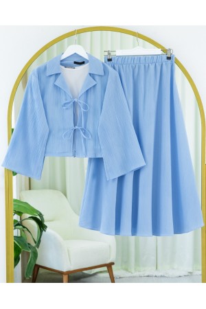 Önü Bağlamalı Etekli Krinkıl Takım   -Bebe Mavi