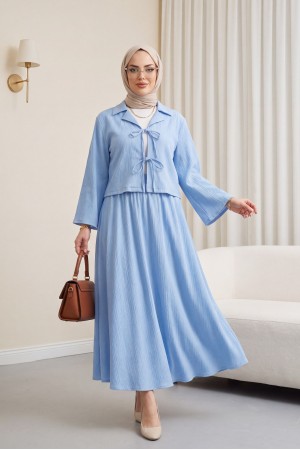 Önü Bağlamalı Etekli Krinkıl Takım   -Bebe Mavi