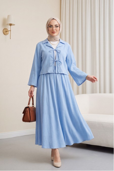 Önü Bağlamalı Etekli Krinkıl Takım   -Bebe Mavi