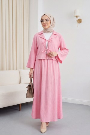 Önü Bağlamalı Etekli Krinkıl Takım   -Pembe