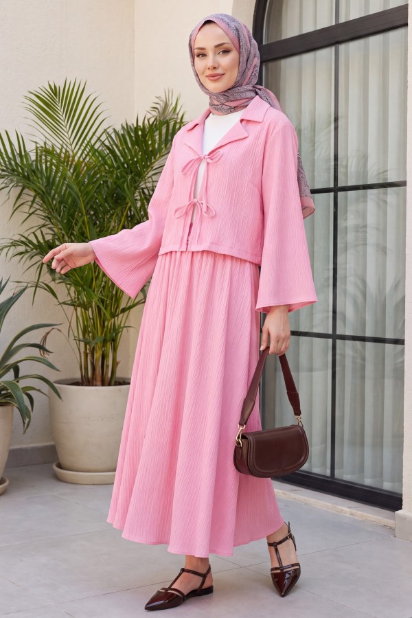 Önü Bağlamalı Etekli Krinkıl Takım   -Pembe
