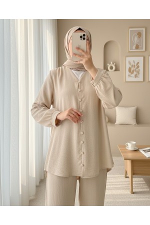 Ayrobin Suit with V-Neck Buttoned Trousers - Beige