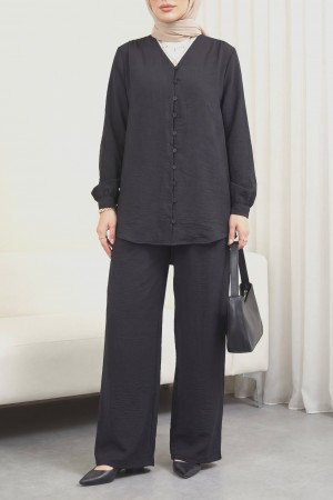 V Yaka Düğmeli Pantolonlu Ayrobin Takım -Siyah