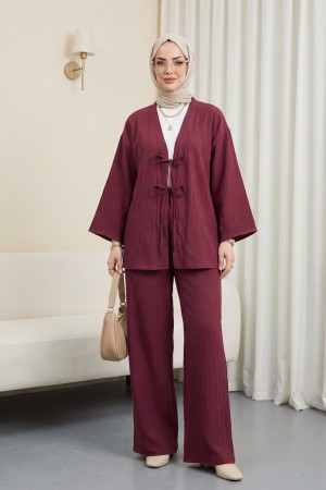 Önü Çift Bağcıklı Pantolonlu Krınkıl Takım    -Bordo