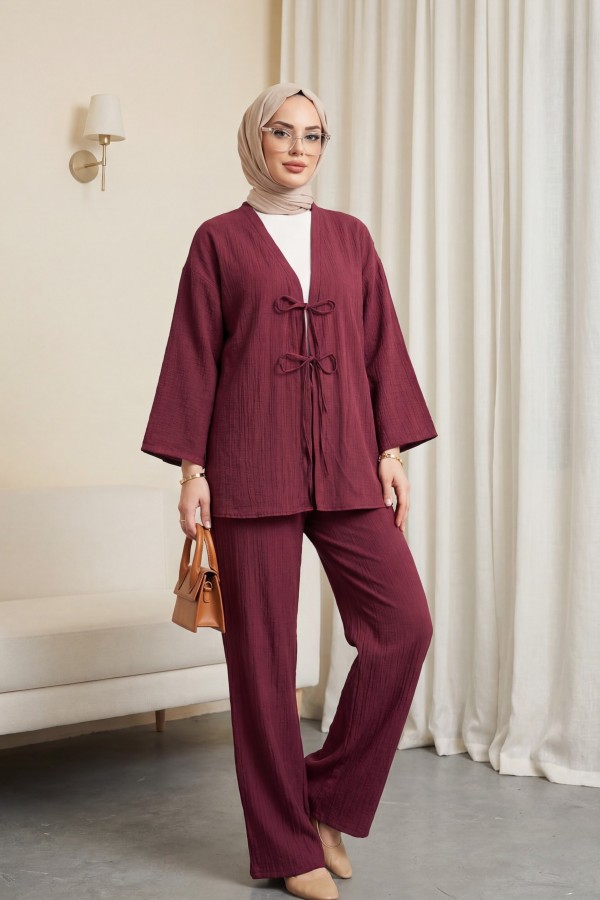 Crinkle Suit with Double Laced Front Trousers    -Maroon