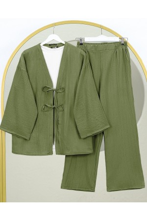 Önü Çift Bağcıklı Pantolonlu Krınkıl Takım    -Haki