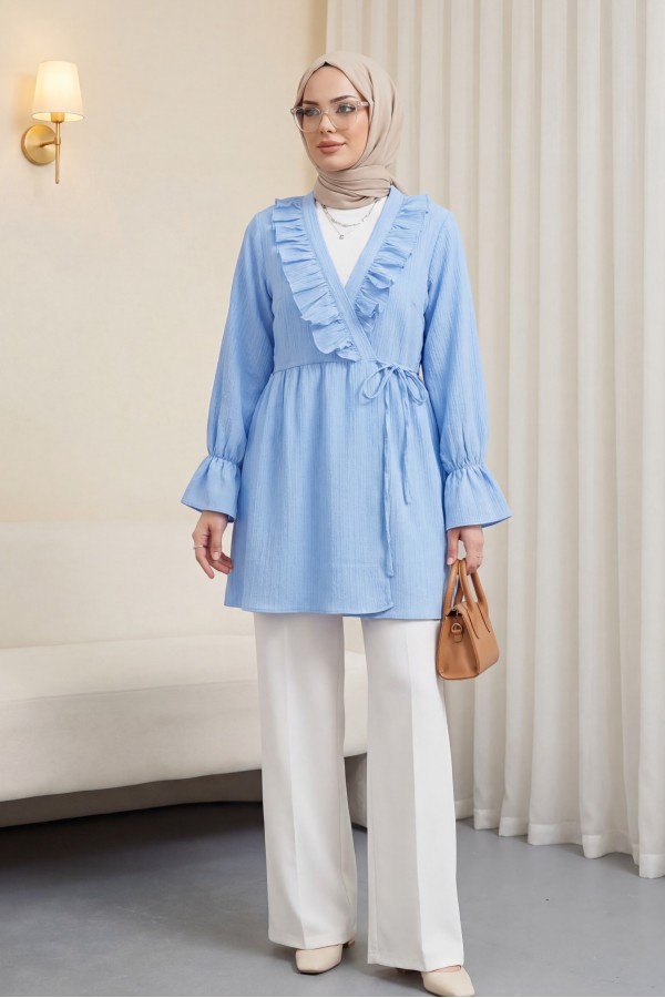 Önü Fırfırlı Bağlamalı Krinkıl Kimono   -Bebe Mavi