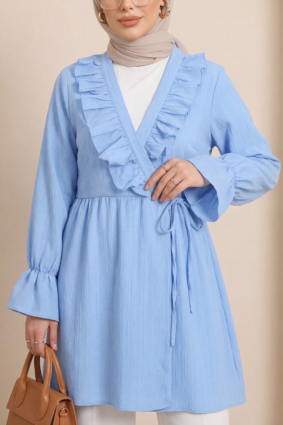 Önü Fırfırlı Bağlamalı Krinkıl Kimono   -Bebe Mavi detay görseli