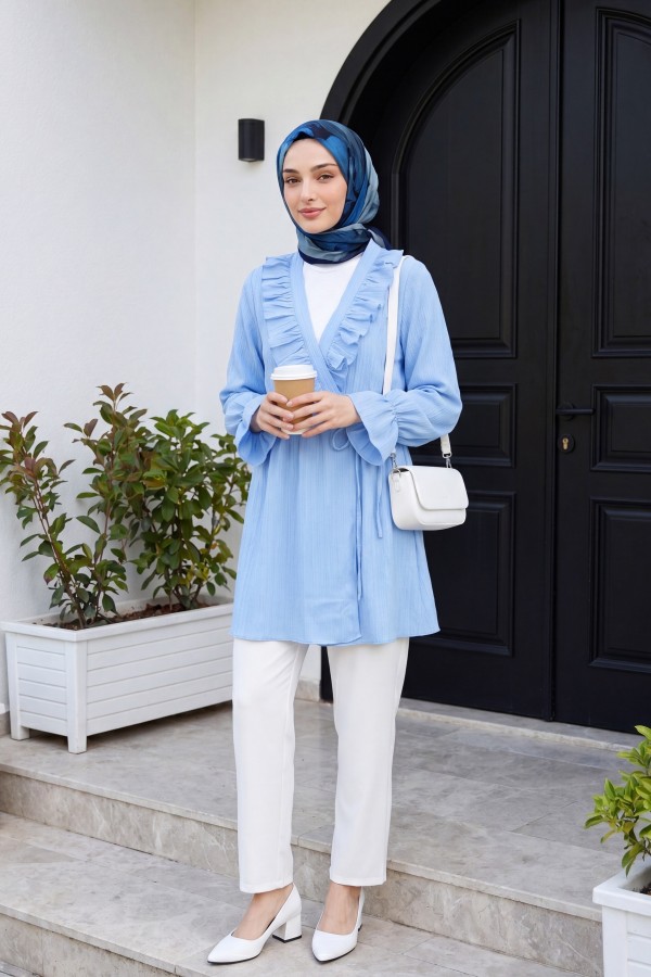 Önü Fırfırlı Bağlamalı Krinkıl Kimono   -Bebe Mavi