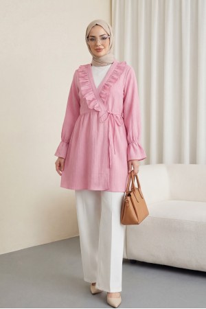 Crinkle Kimono with Ruffle Front Tie   -Pink