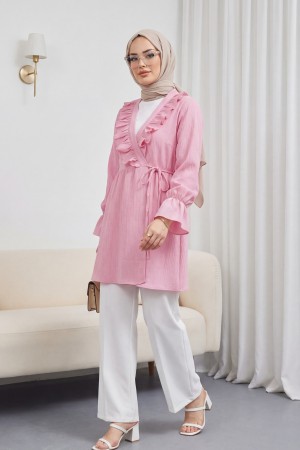 Crinkle Kimono with Ruffle Front Tie   -Pink