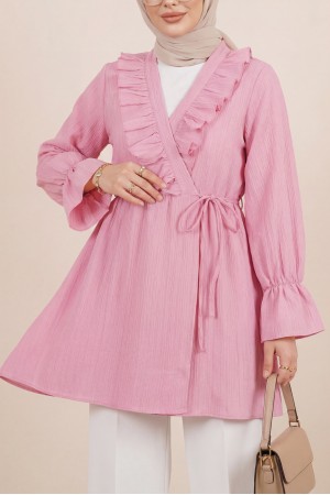 Crinkle Kimono with Ruffle Front Tie   -Pink