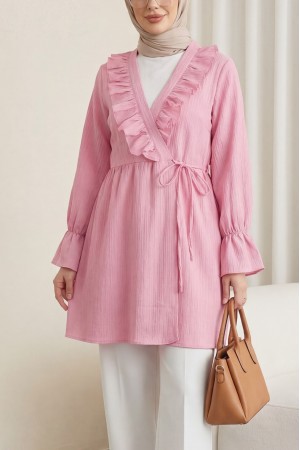 Önü Fırfırlı Bağlamalı Krinkıl Kimono   -Pembe