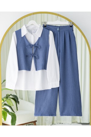 بدلة كتان من قطعتين مع بنطلون وصدرية برباط أمامي -اللون النيلي