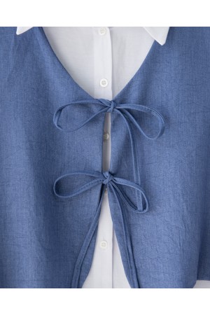 بدلة كتان من قطعتين مع بنطلون وصدرية برباط أمامي -اللون النيلي