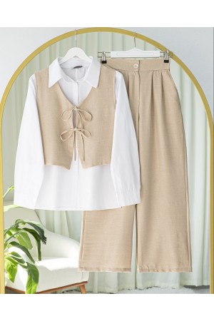 بدلة كتان من قطعتين مع بنطلون وصدرية برباط أمامي -تدرجات البيج