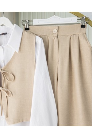 بدلة كتان من قطعتين مع بنطلون وصدرية برباط أمامي -تدرجات البيج