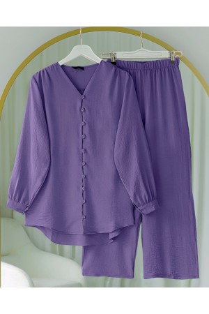 Ayrobin Suit with V-Neck Buttoned Trousers  - Purple