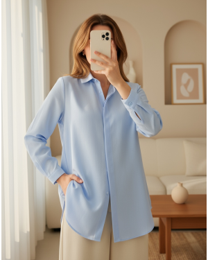 Oval Cut Long Shirt with Hidden Buttons -Baby Blue