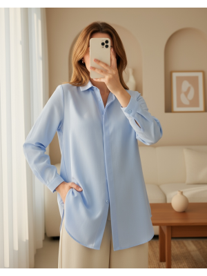 Gizli Düğmeli Oval Kesim Uzun Gömlek -Bebe Mavi