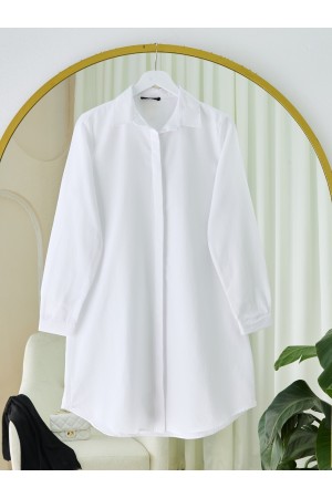 Gizli Düğmeli Oval Kesim Uzun Gömlek -Beyaz