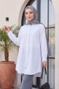 Gizli Düğmeli Oval Kesim Uzun Gömlek -Beyaz