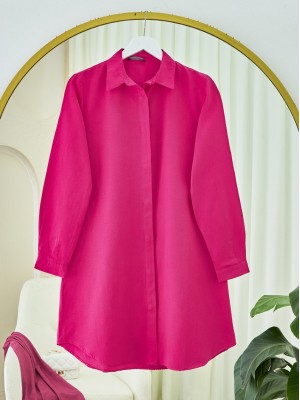 Gizli Düğmeli Oval Kesim Uzun Gömlek -Fuşya
