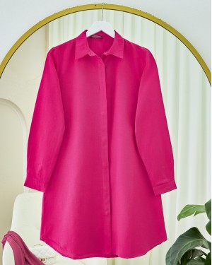 Oval Cut Long Shirt with Hidden Buttons -Fuchsia