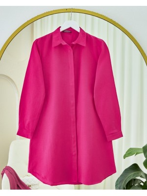 Gizli Düğmeli Oval Kesim Uzun Gömlek -Fuşya