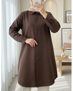 Oval Cut Long Shirt with Hidden Buttons -Brown