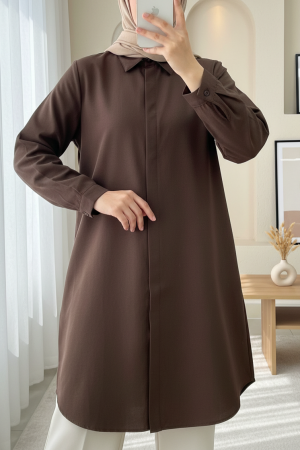 Gizli Düğmeli Oval Kesim Uzun Gömlek -Kahve