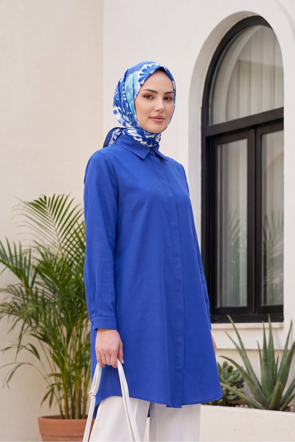 Oval Cut Long Shirt with Hidden Buttons -Saxe 