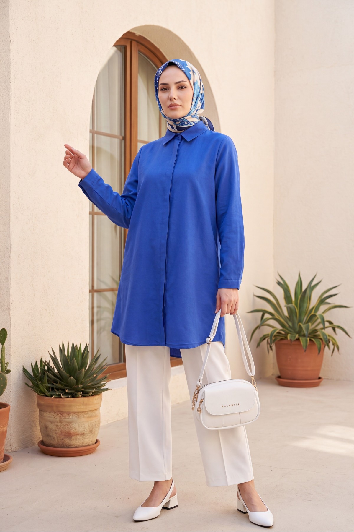 Oval Cut Long Shirt with Hidden Buttons -Saxe 