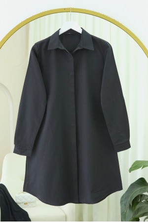 Gizli Düğmeli Oval Kesim Uzun Gömlek -Siyah