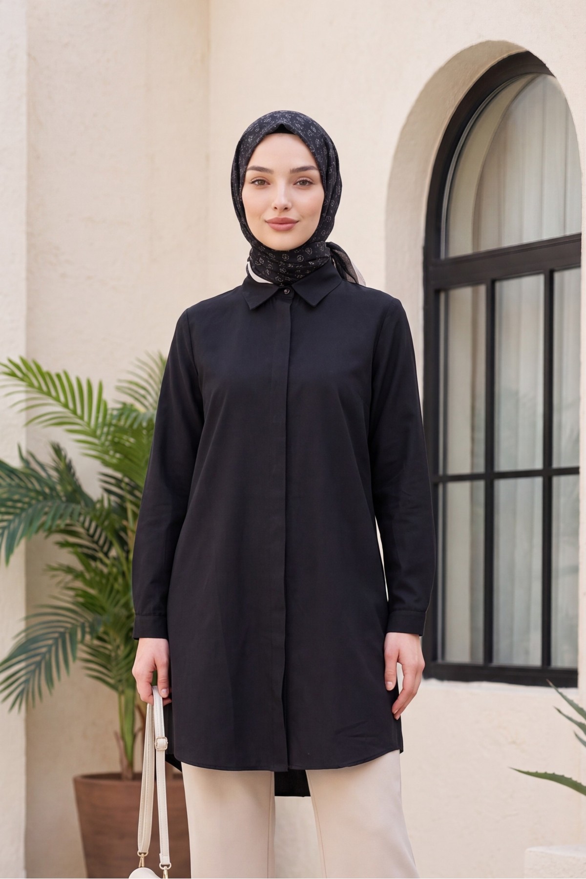Oval Cut Long Shirt with Hidden Buttons -Black
