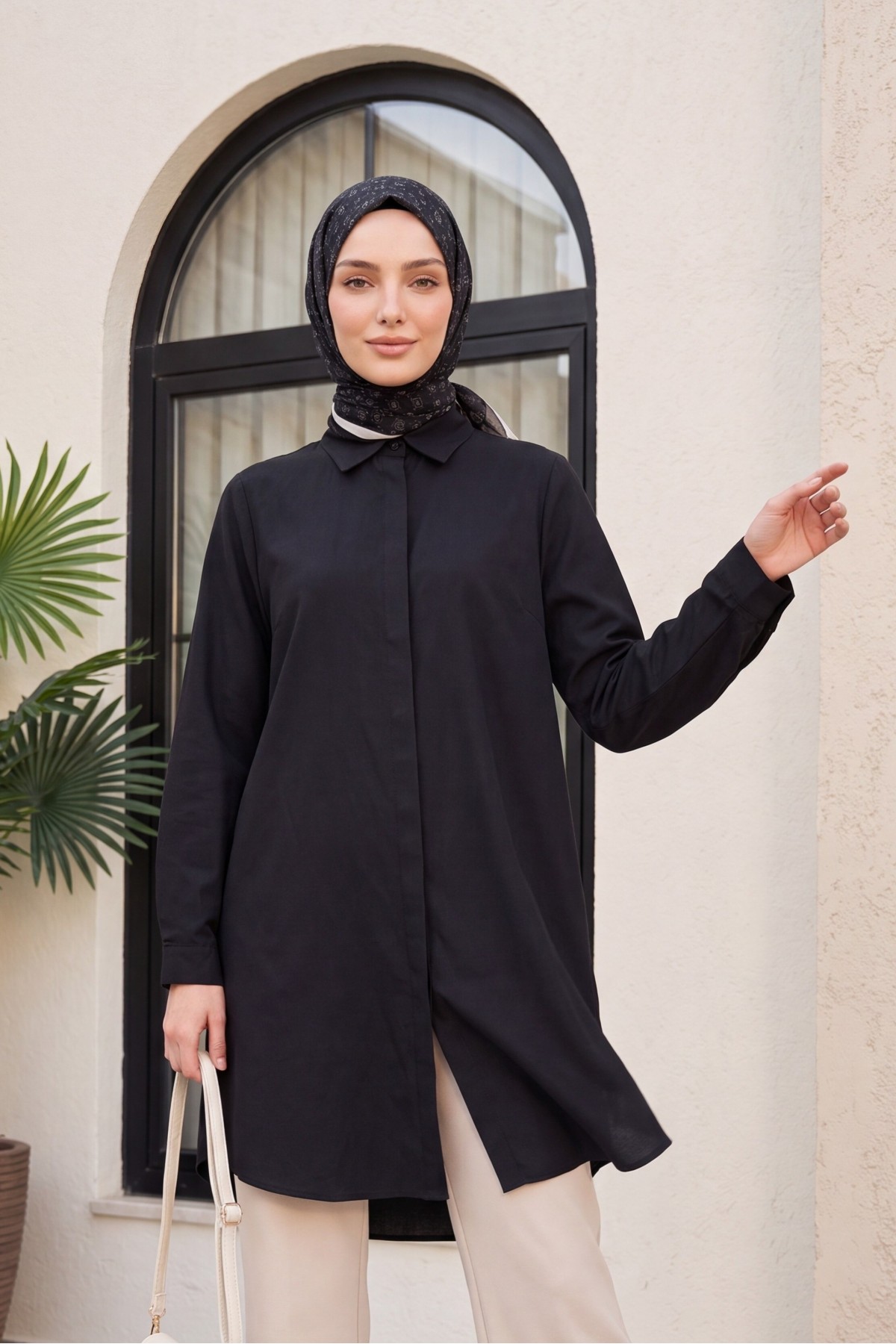 Oval Cut Long Shirt with Hidden Buttons -Black